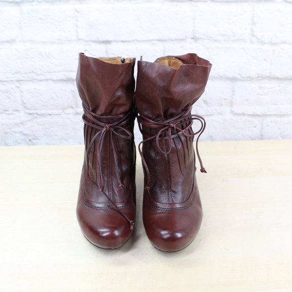 Earthies Eleganza Red Leather Pleated Laced Side Zip High Heeled Ankle Boots 7 B - Picture 5 of 9